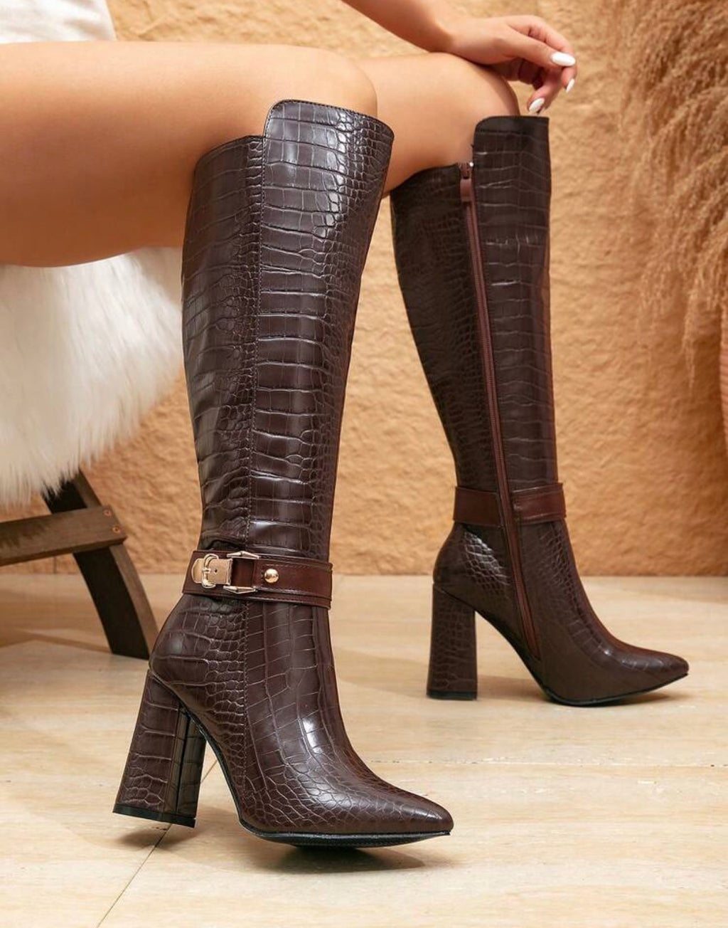 Women’s Brown Alligator Print Knee-High Boots with Pointed Toe & Block Heel