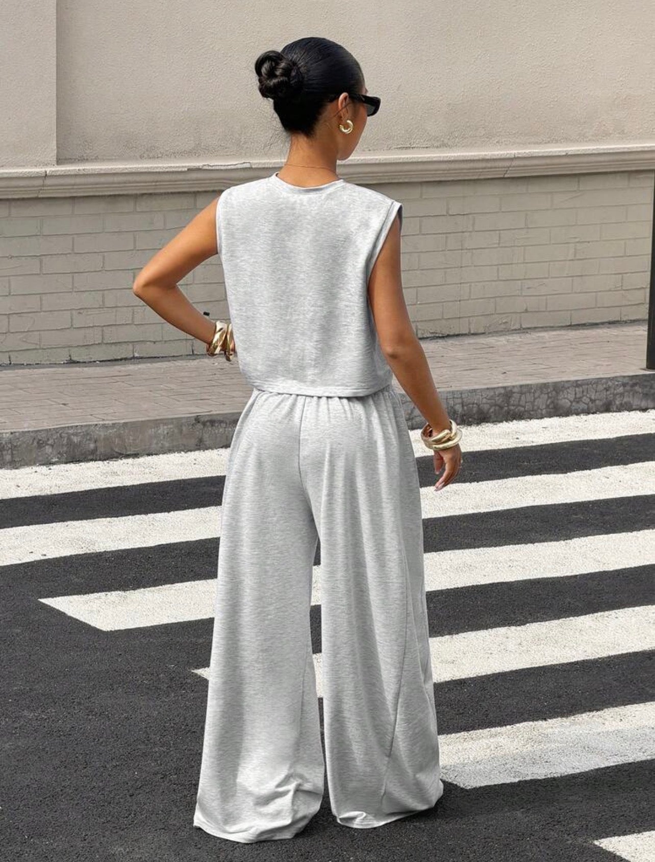 Women’s Grey Knit Casual Sweatsuit Two-Piece Set – Comfortable Co-Ord Outfit