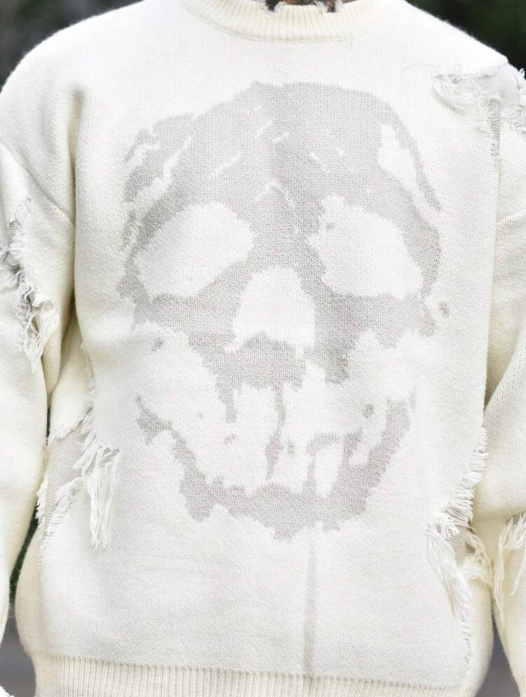 Men’s Skull Print Distressed Fringed Crew Neck Sweater – Casual Streetwear Pullover