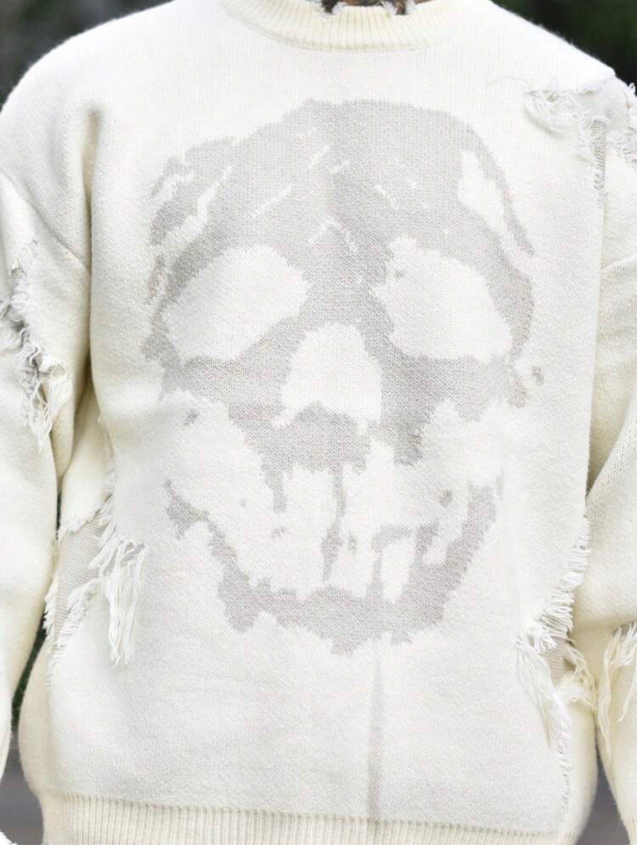 Men’s Skull Print Distressed Fringed Crew Neck Sweater – Casual Streetwear Pullover