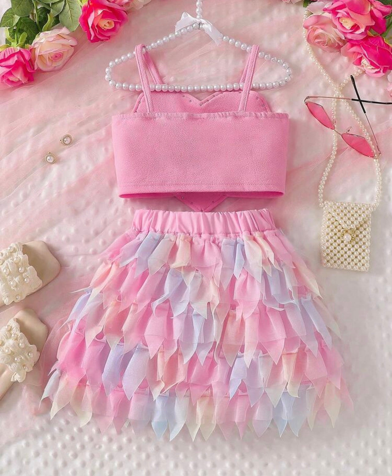 Girls Pearl Heart Strap Top & Colorful Tulle Layered Skirt 2-Piece Fashion Set