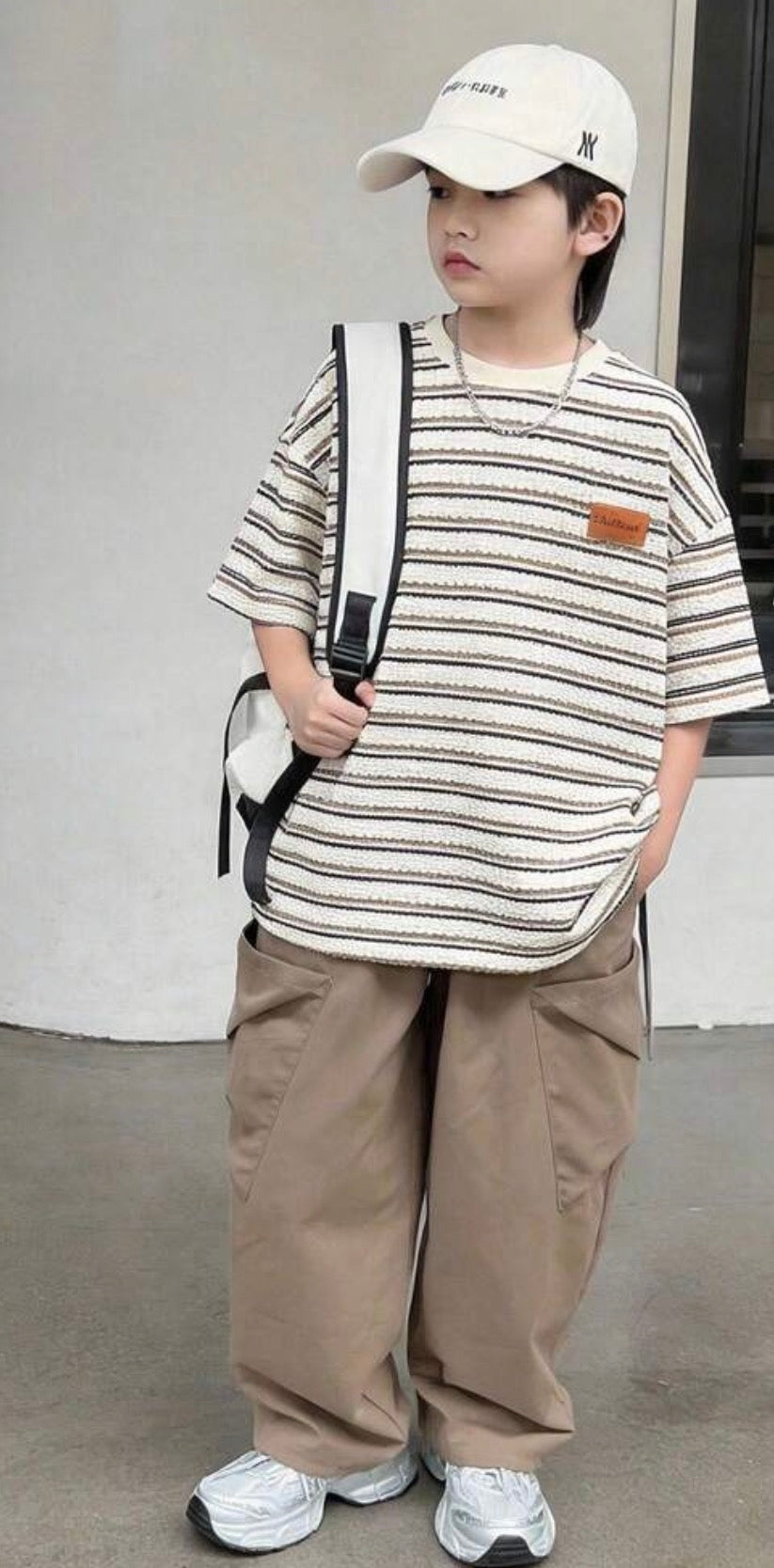 Kids Boys Striped Short Sleeve T-Shirt & Black Pants Casual Tracksuit Set