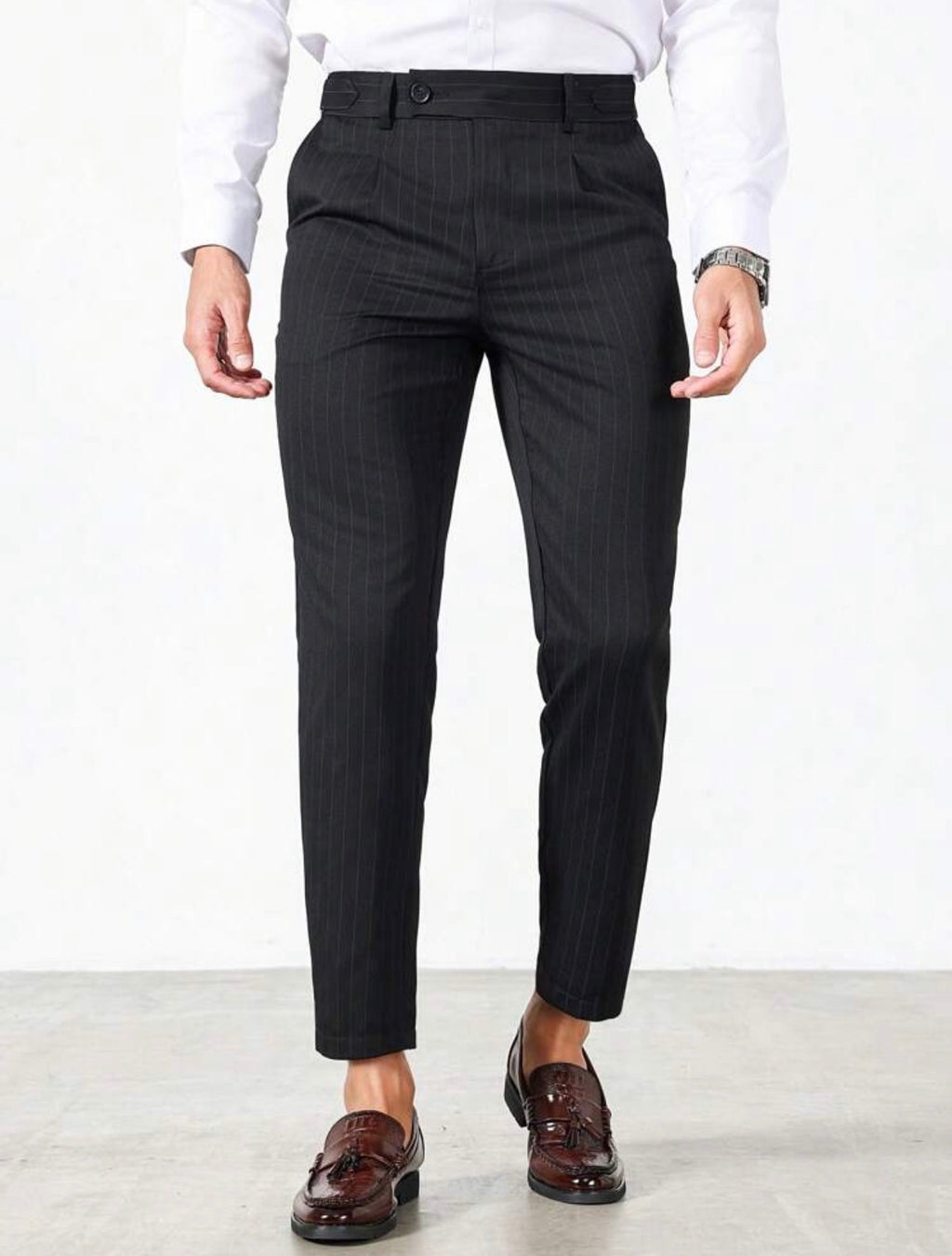 Men’s Vertical Striped Tapered Suit Pants – Business Casual Formal Trousers