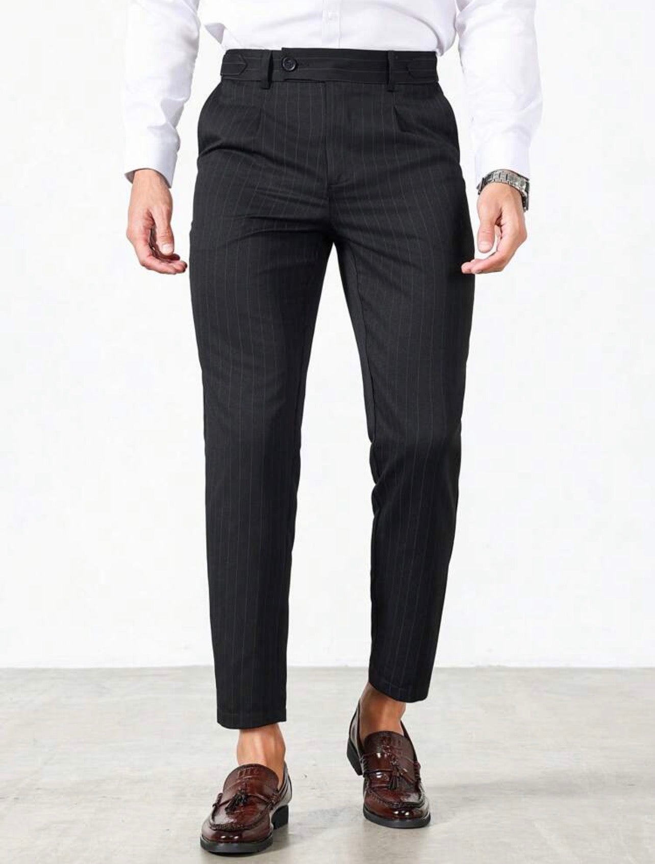 Men’s Vertical Striped Tapered Suit Pants – Business Casual Formal Trousers