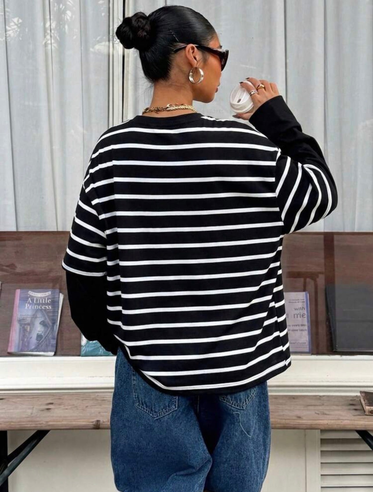 Women’s 2-in-1 Black Striped Patchwork Round Neck Loose Long Sleeve T-Shirt – Casual Top