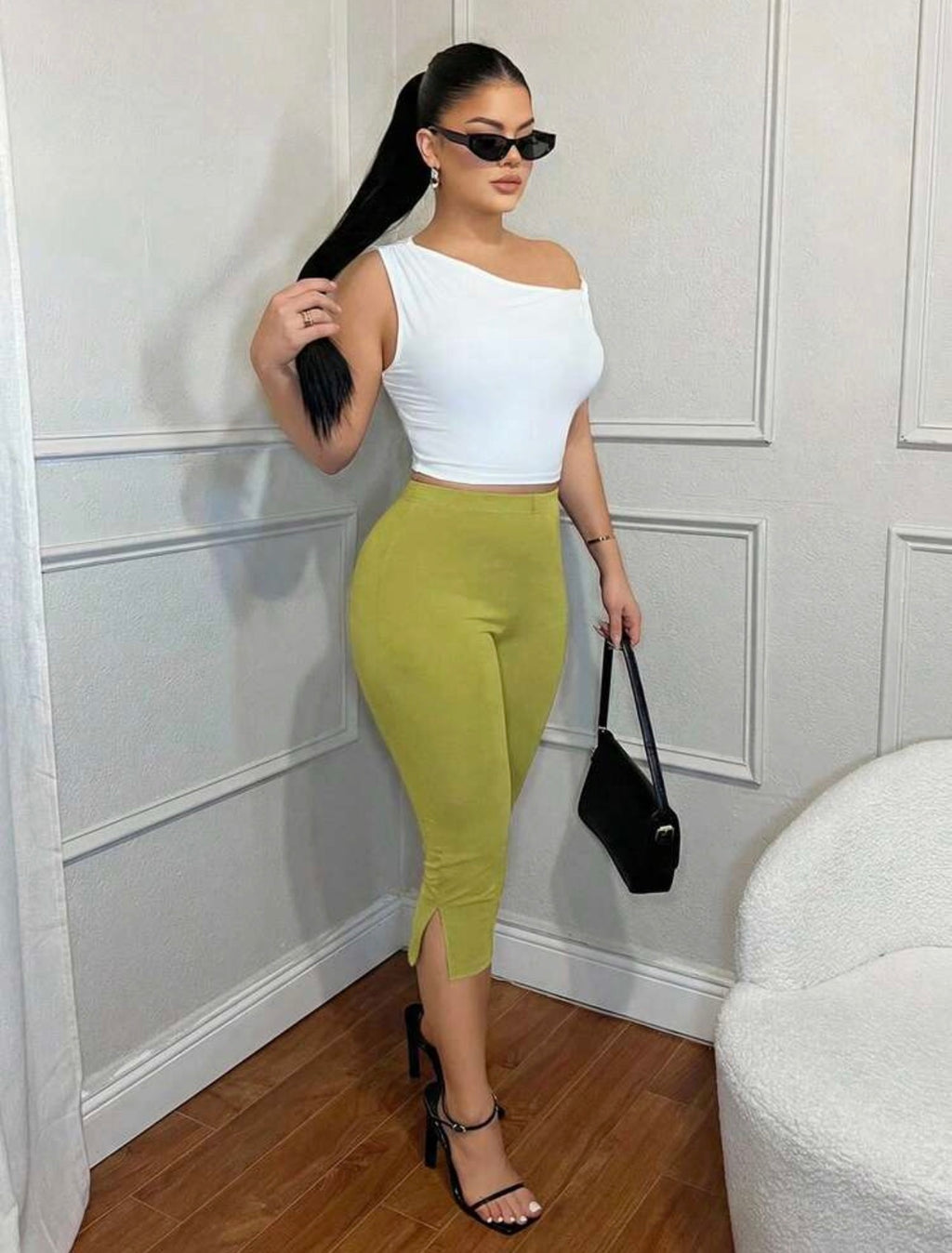 Women’s High Waist Skinny Split Hem Cropped Leggings – Casual Versatile Capris