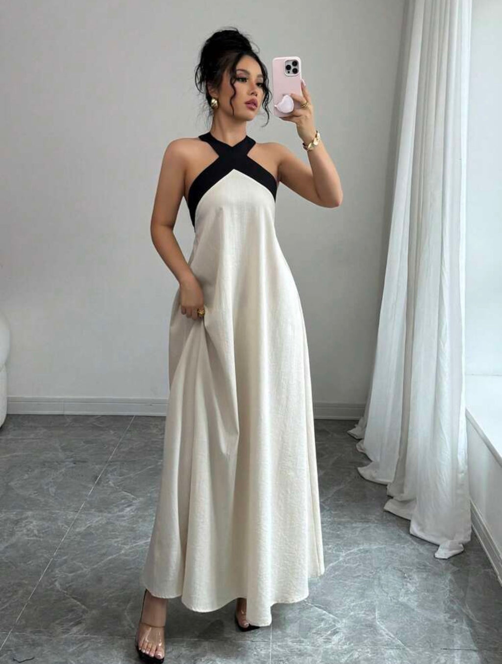 Elegant Color Block Halter Backless Bowknot Strap Sleeveless Maxi Dress – Casual Resort We