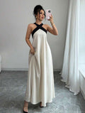 Elegant Color Block Halter Backless Bowknot Strap Sleeveless Maxi Dress – Casual Resort We