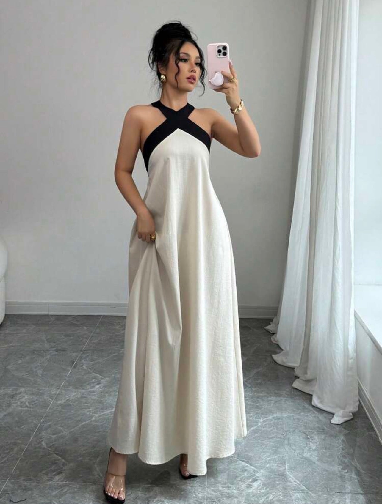 Elegant Color Block Halter Backless Bowknot Strap Sleeveless Maxi Dress – Casual Resort We