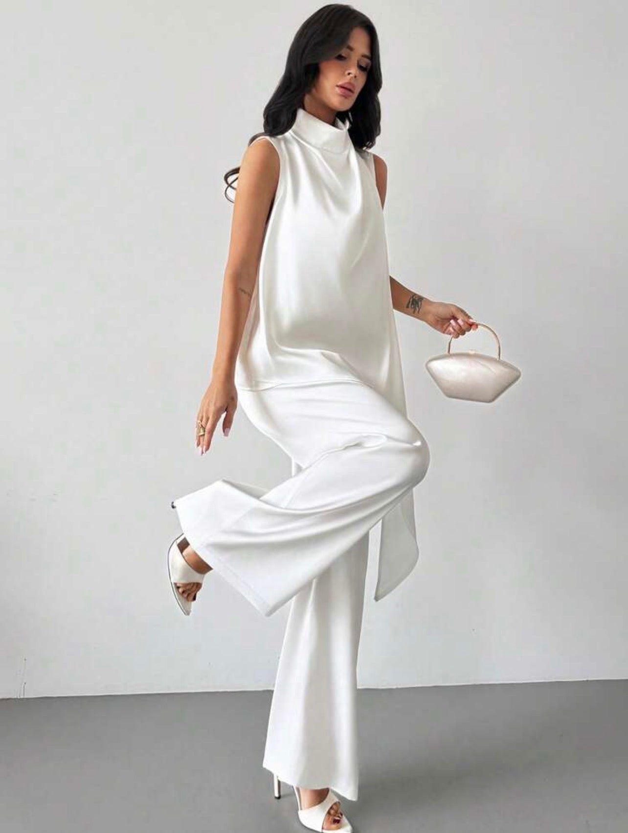 Women’s Satin Sleeveless Pleated Collar Blouse & Straight Leg Pants Elegant Two-Piece Set