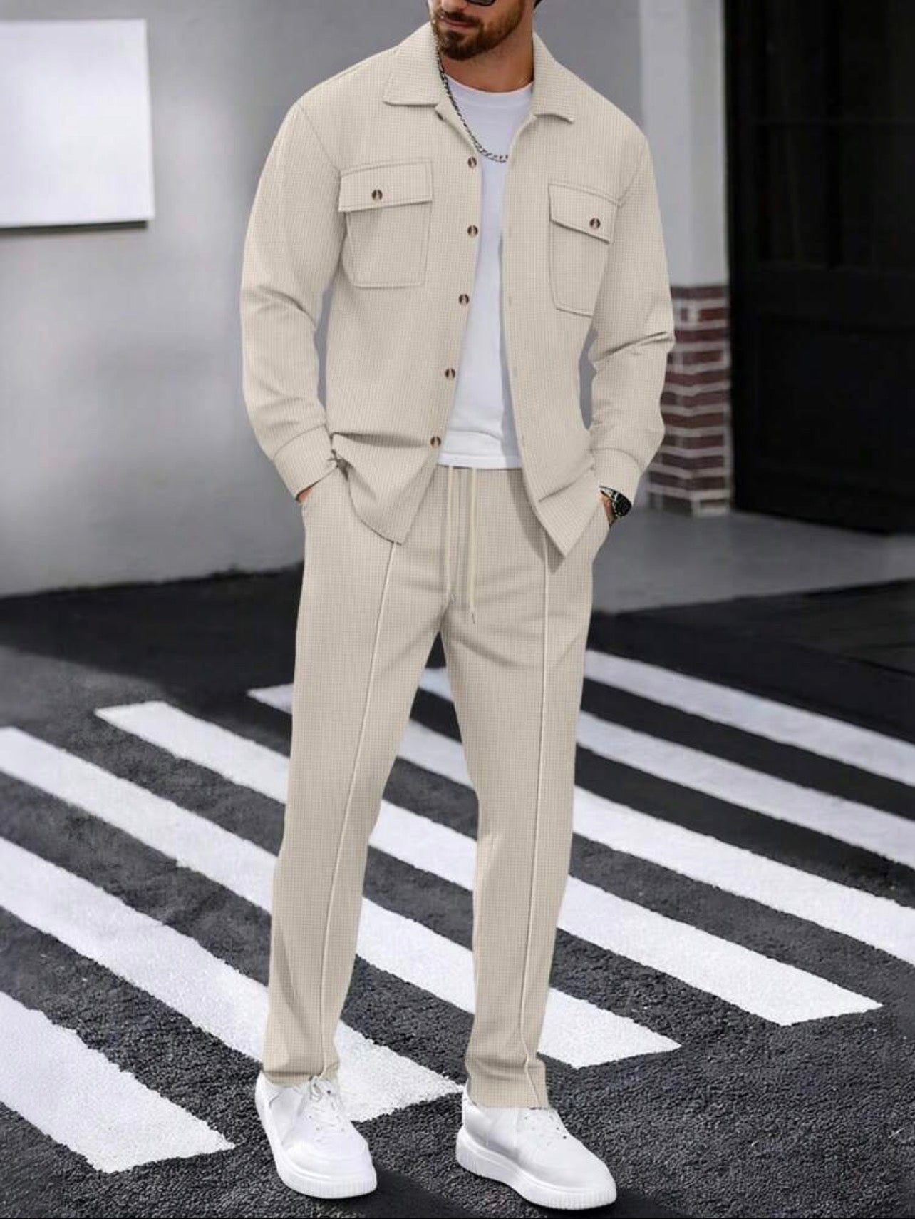 Men’s Solid Color Collared Shirt with Pockets & Pants Two-Piece Casual Set – Leisure Outfit