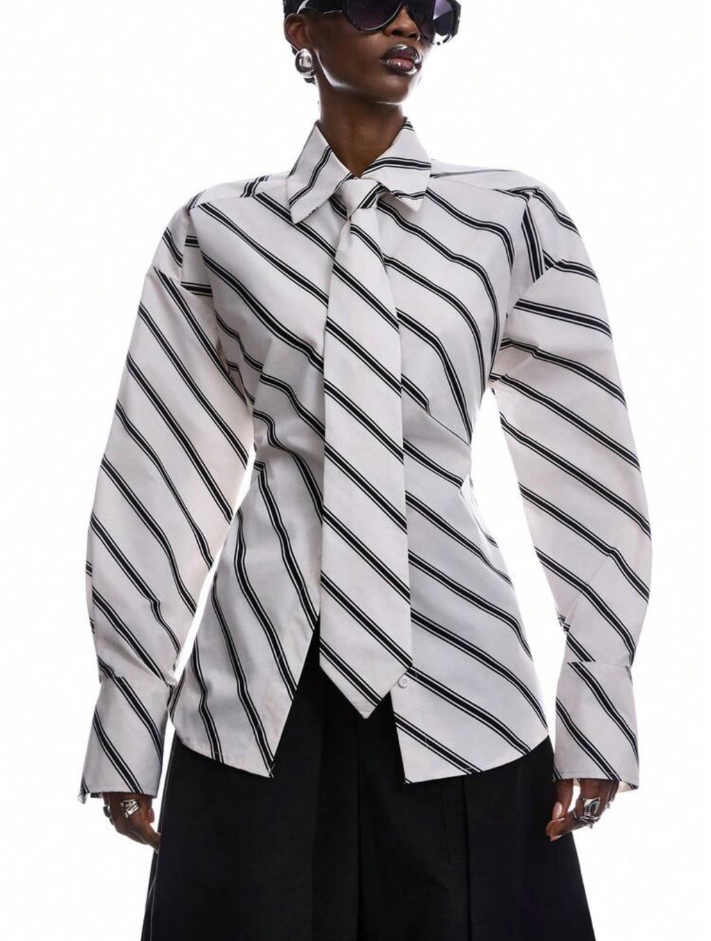 Women’s Minimalist Blue Striped Button-Front Long Sleeve Shirt – Casual Commuter Blouse