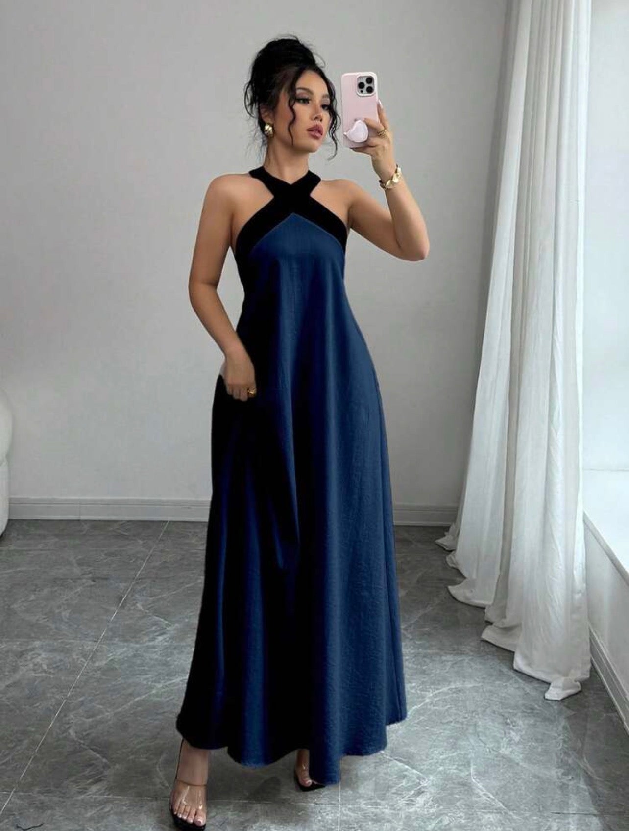 Elegant Color Block Halter Backless Bowknot Strap Sleeveless Maxi Dress – Casual Resort We