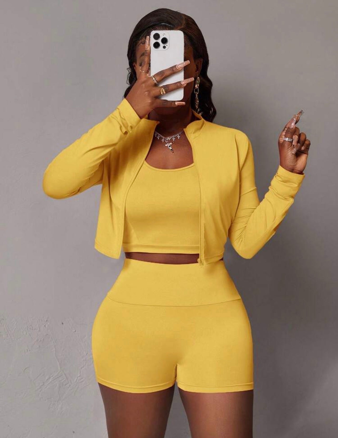 Women’s 3-Piece Sporty Summer Set with Half-Zip Jacket, Sleeveless Crop Top & Shorts