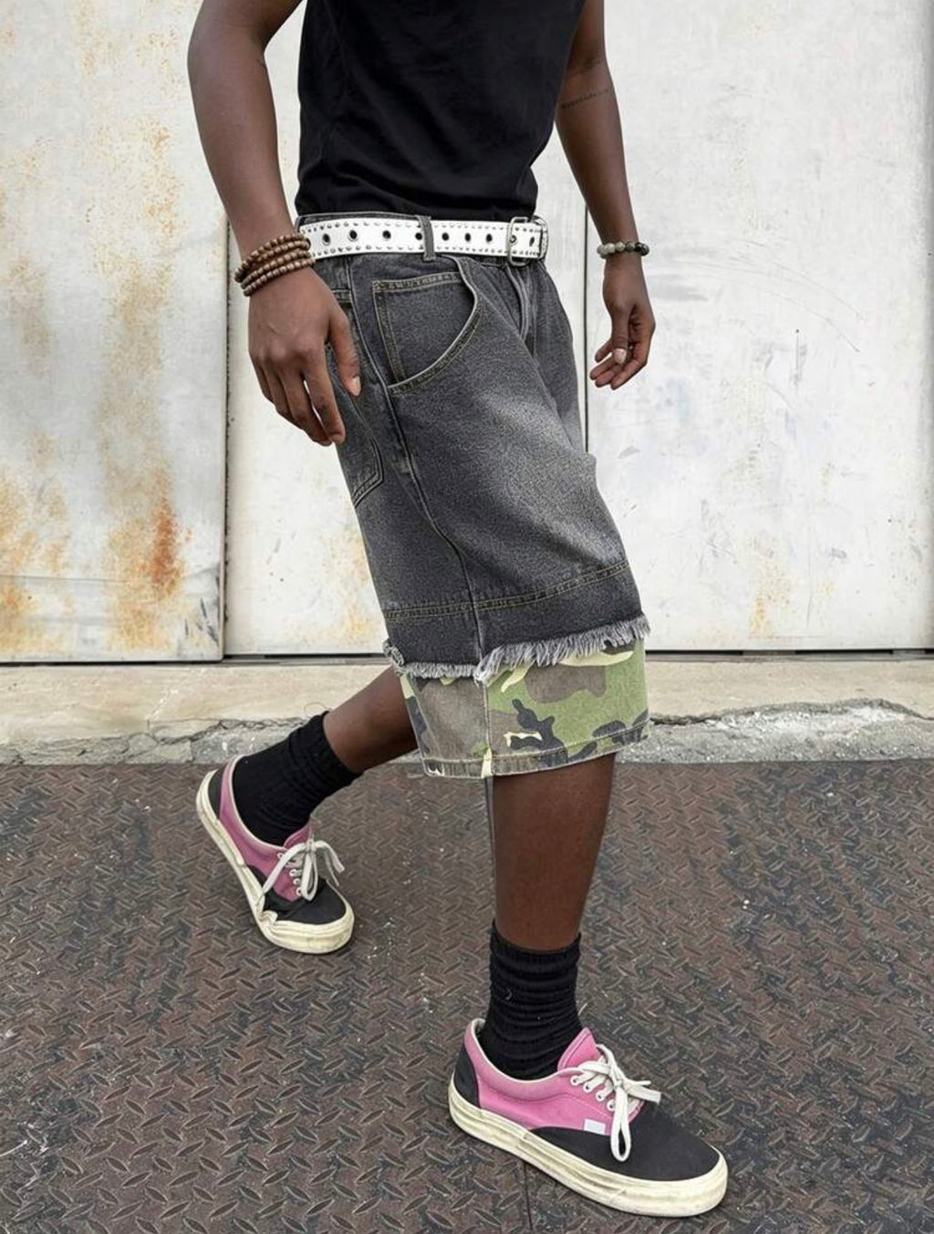 Men’s Distressed Waist Belt Wide Leg Denim Shorts – Casual Streetwear Bottoms