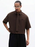 Men’s Cropped Button-Down Short Sleeve Shirt with Tie Detail – Casual Business Top