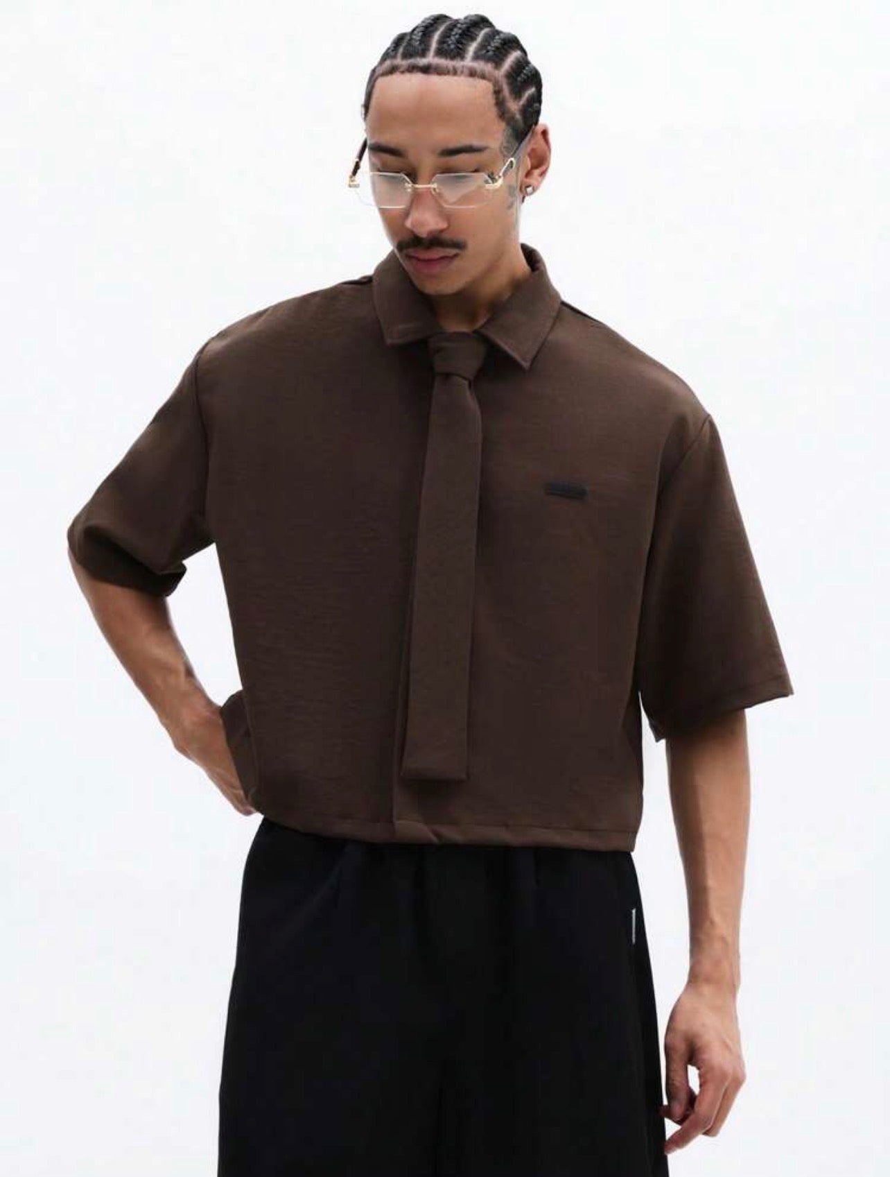 Men’s Cropped Button-Down Short Sleeve Shirt with Tie Detail – Casual Business Top