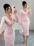 Women’s Elegant Tweed Pearl Button Cardigan & A-Line Skirt Two-Piece Set