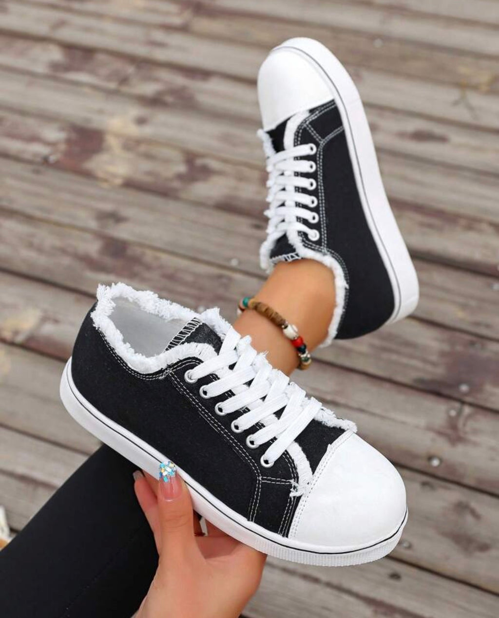 Women’s Round Toe Lace-Up Canvas Sneakers with Frayed Detail for Everyday Casual Wear