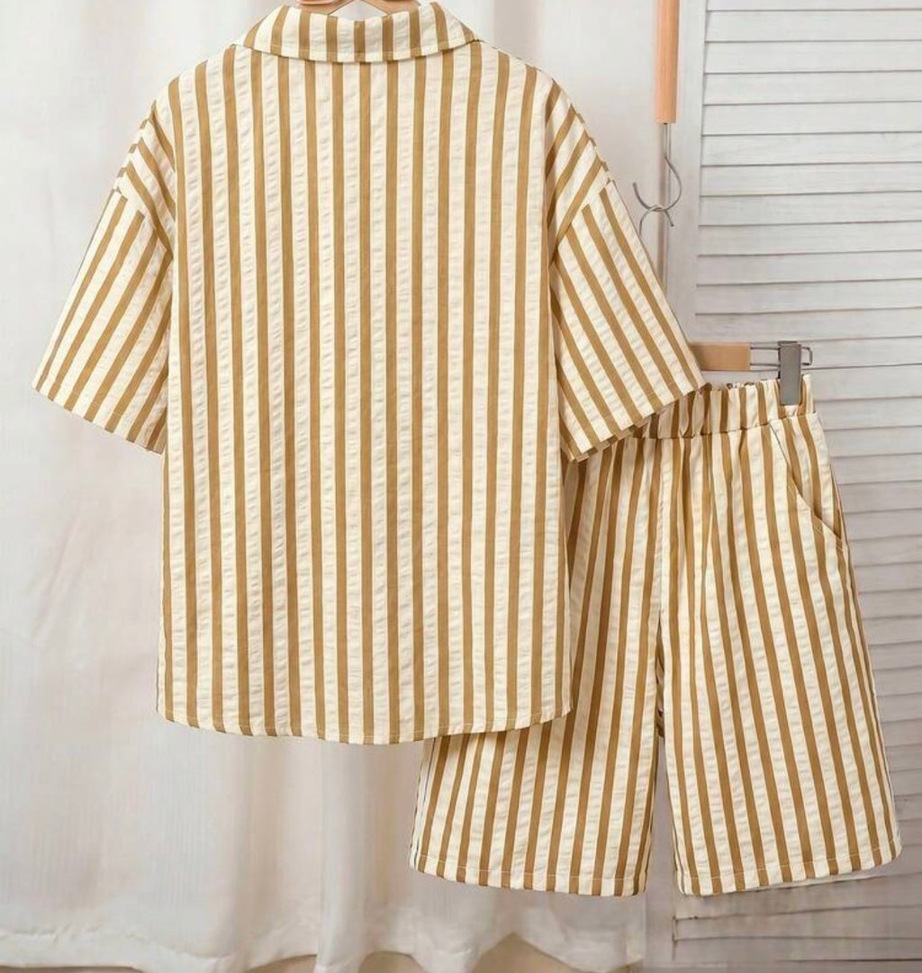 Kids Boys Vertical Striped Short Sleeve Shirt & Casual Shorts 3-Piece Outfit Set