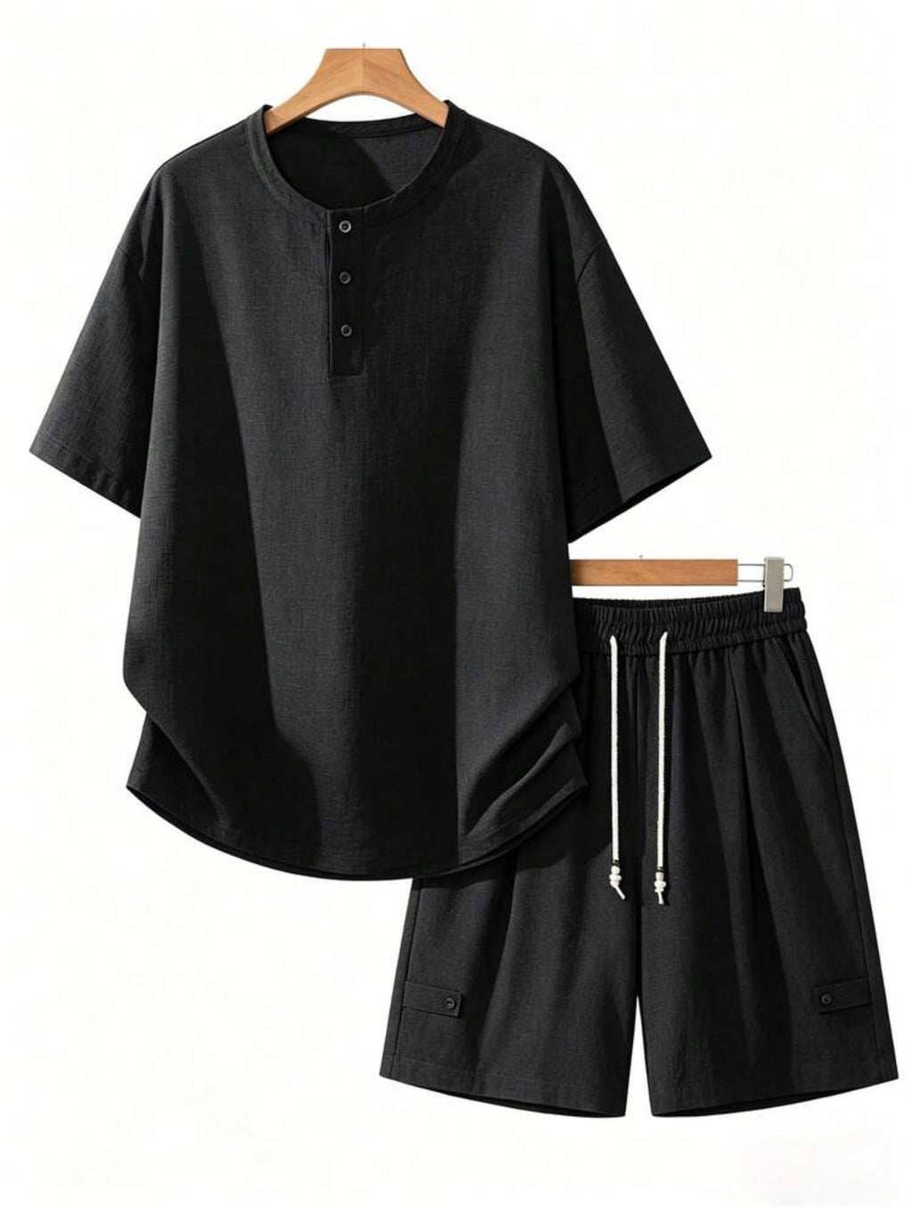 Men’s Linen-Look Henley Neck Polo Shirt & Shorts Two-Piece Set – Casual Summer Outfit