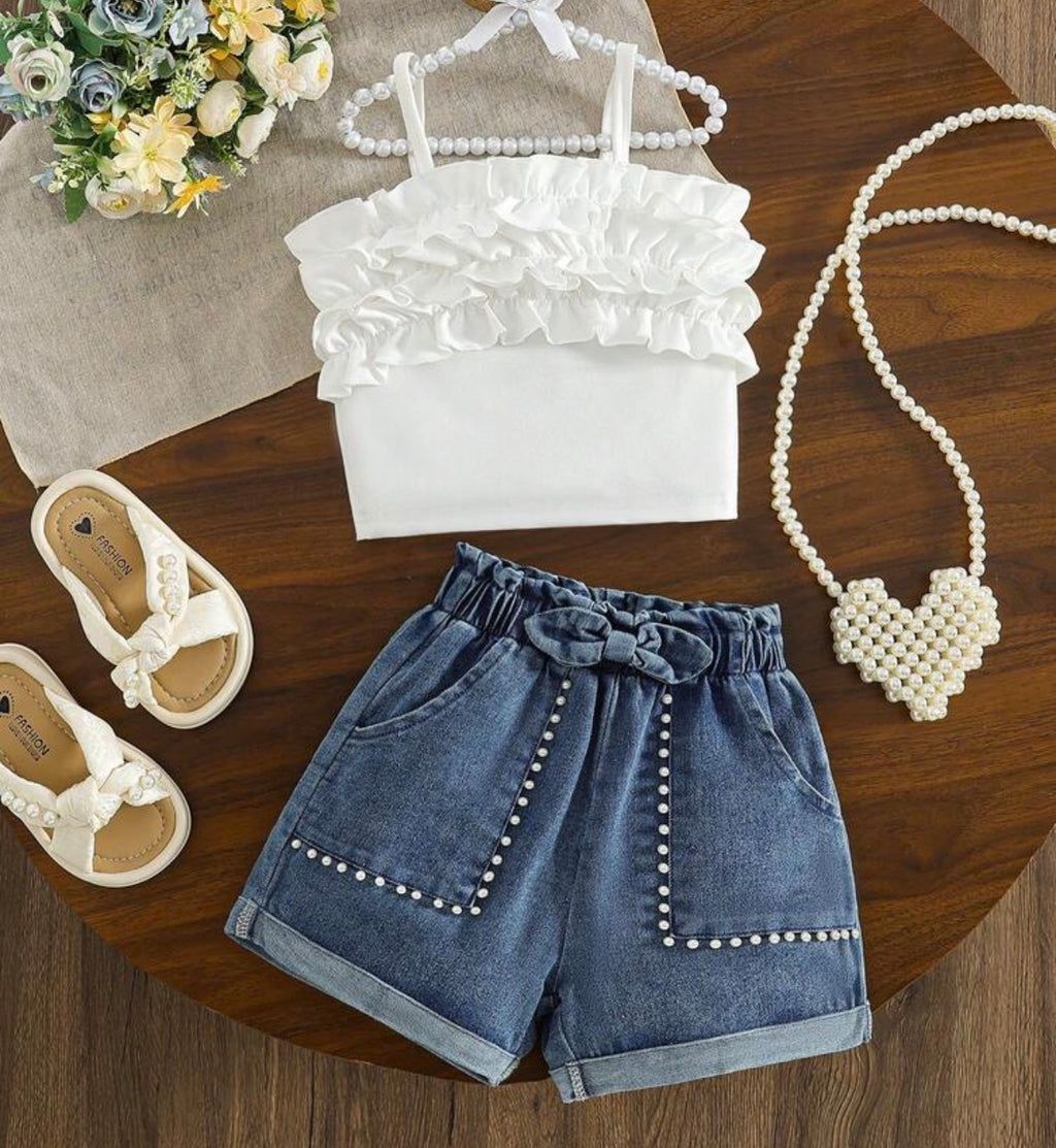 Toddler Girls Ruffle Denim Cami Top & Pearl Bow Shorts 2-Piece Summer Set