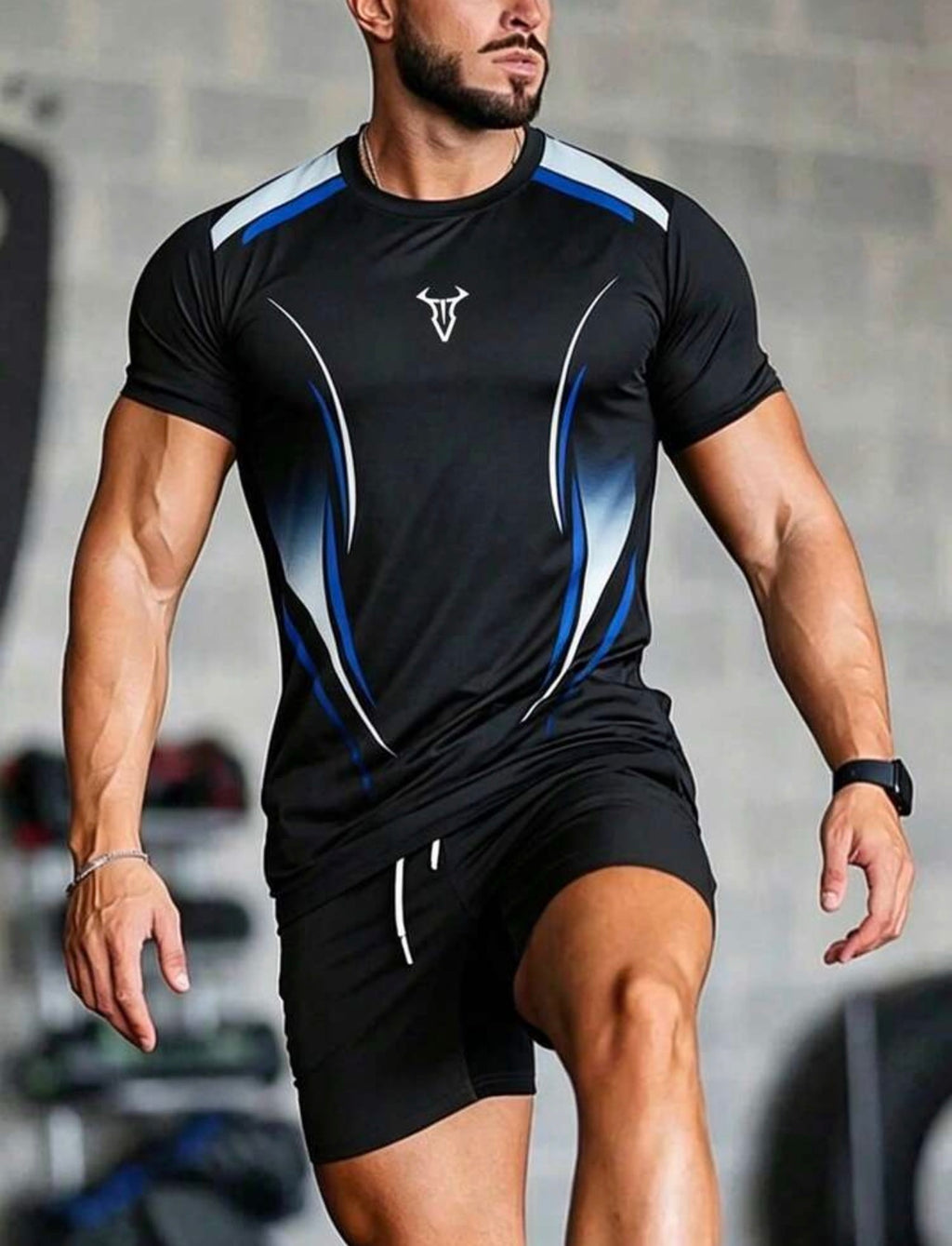 Men’s Bull Horn Graphic T-Shirt & Drawstring Shorts Sports Outfit Set
