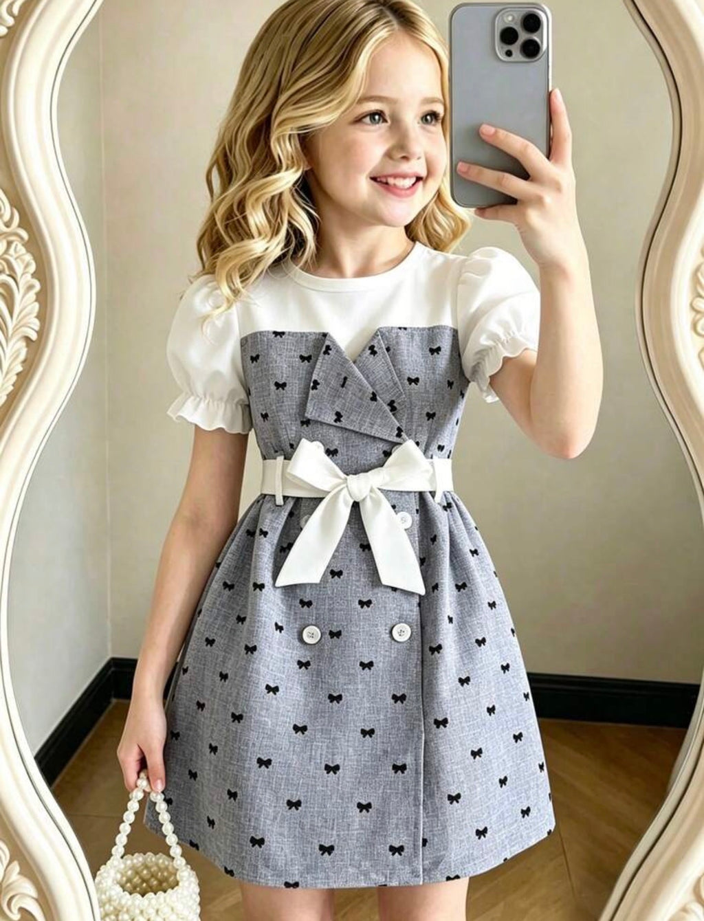 Girls Contrast Color Petal Sleeve Bow Detail A-Line Dress for Parties & Casual Wear