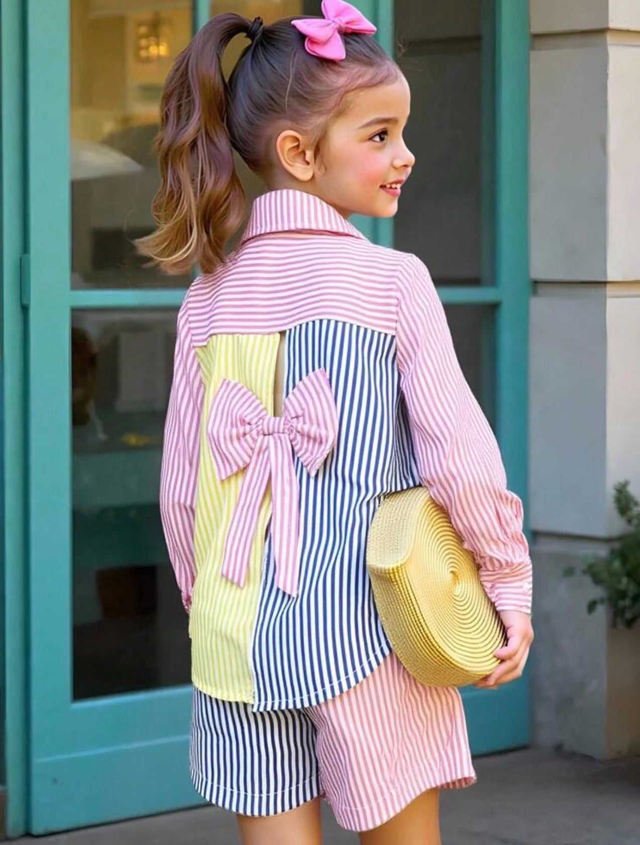 Girls Patchwork Contrast Collar Long Sleeve Shirt & Striped Pants Outfit Set
