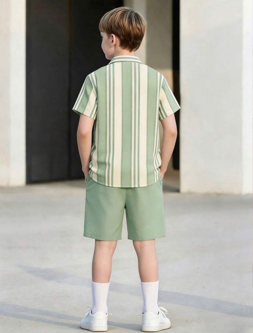 Boys Vertical Stripe Short Sleeve Shirt & Solid Shorts Casual Summer Set