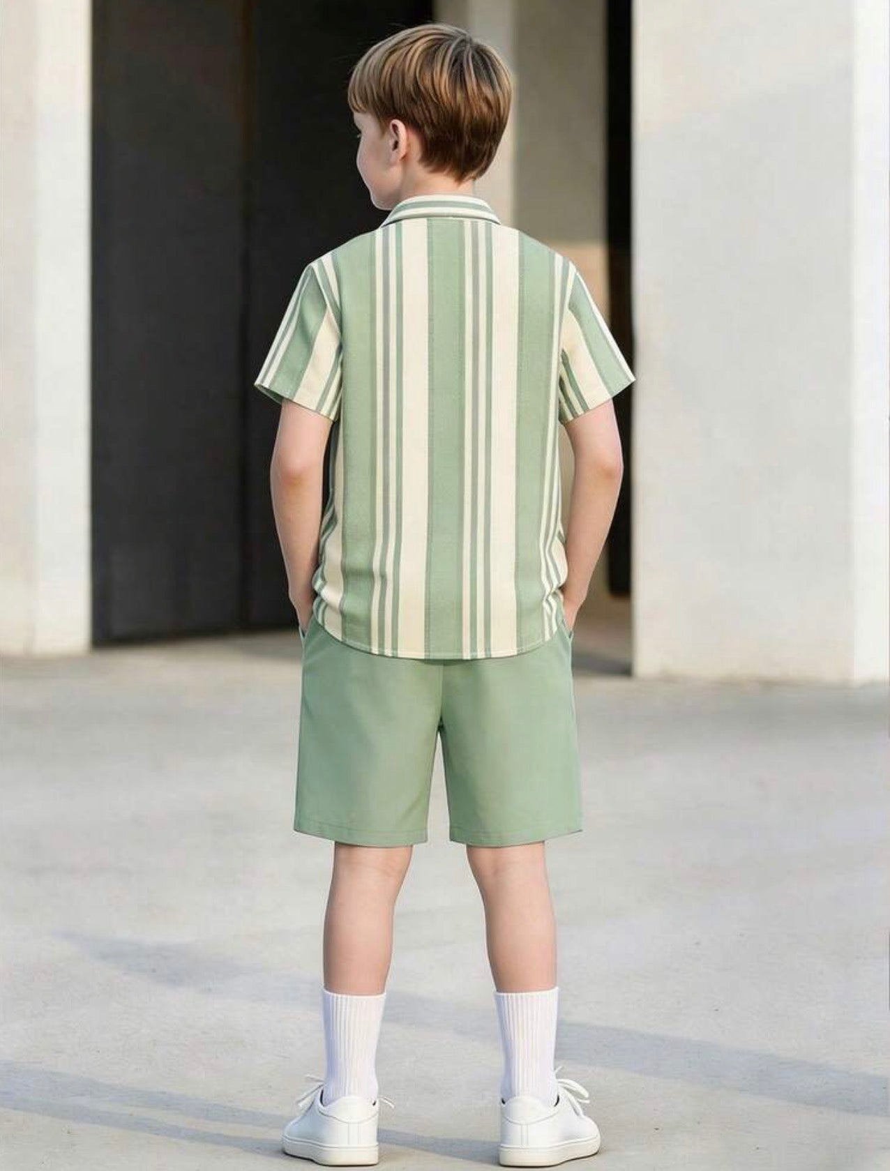 Boys Vertical Stripe Short Sleeve Shirt & Solid Shorts Casual Summer Set