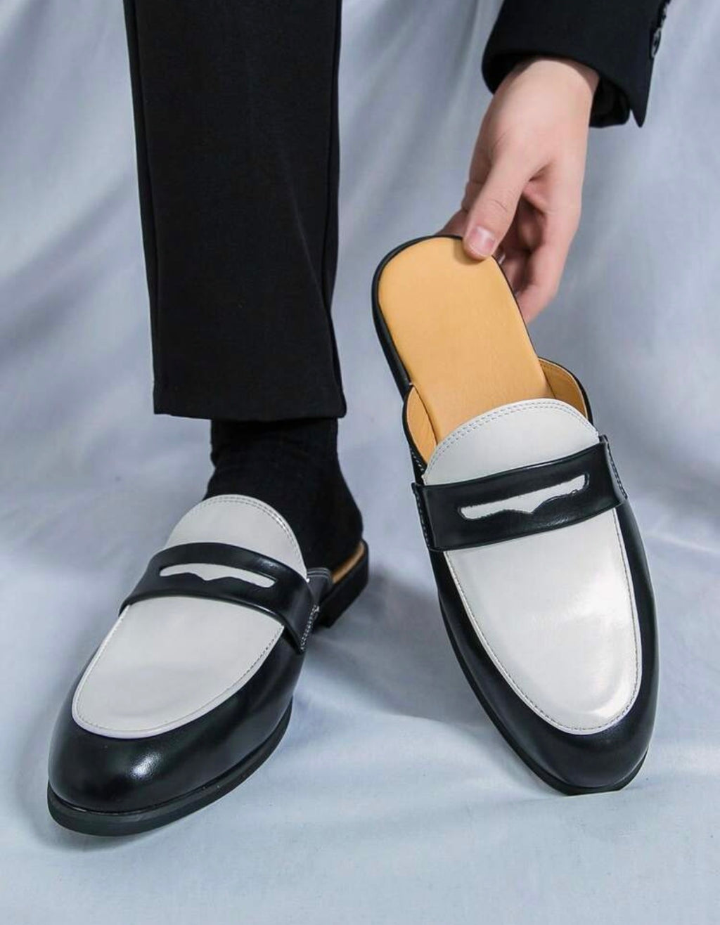 Men’s Classic Black & White Leather Slip-On Mule Sandals