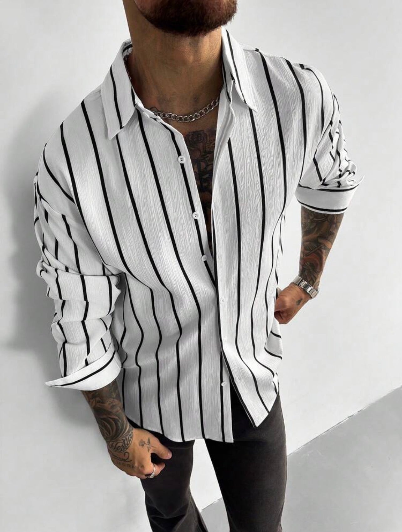 Men’s Classic Striped Linen-Feel Long Sleeve Button-Down Shirt – Casual Office Top