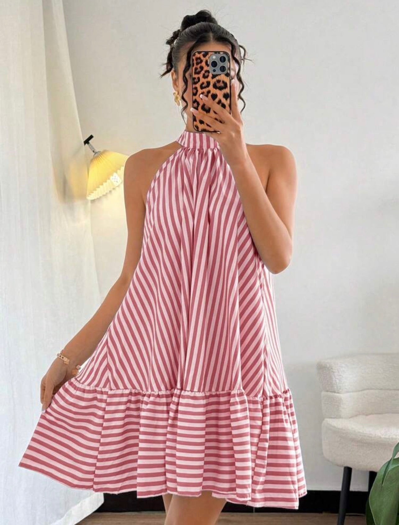 Elegant Halter Neck Sleeveless Cold Shoulder Striped Ruffle Hem Dress