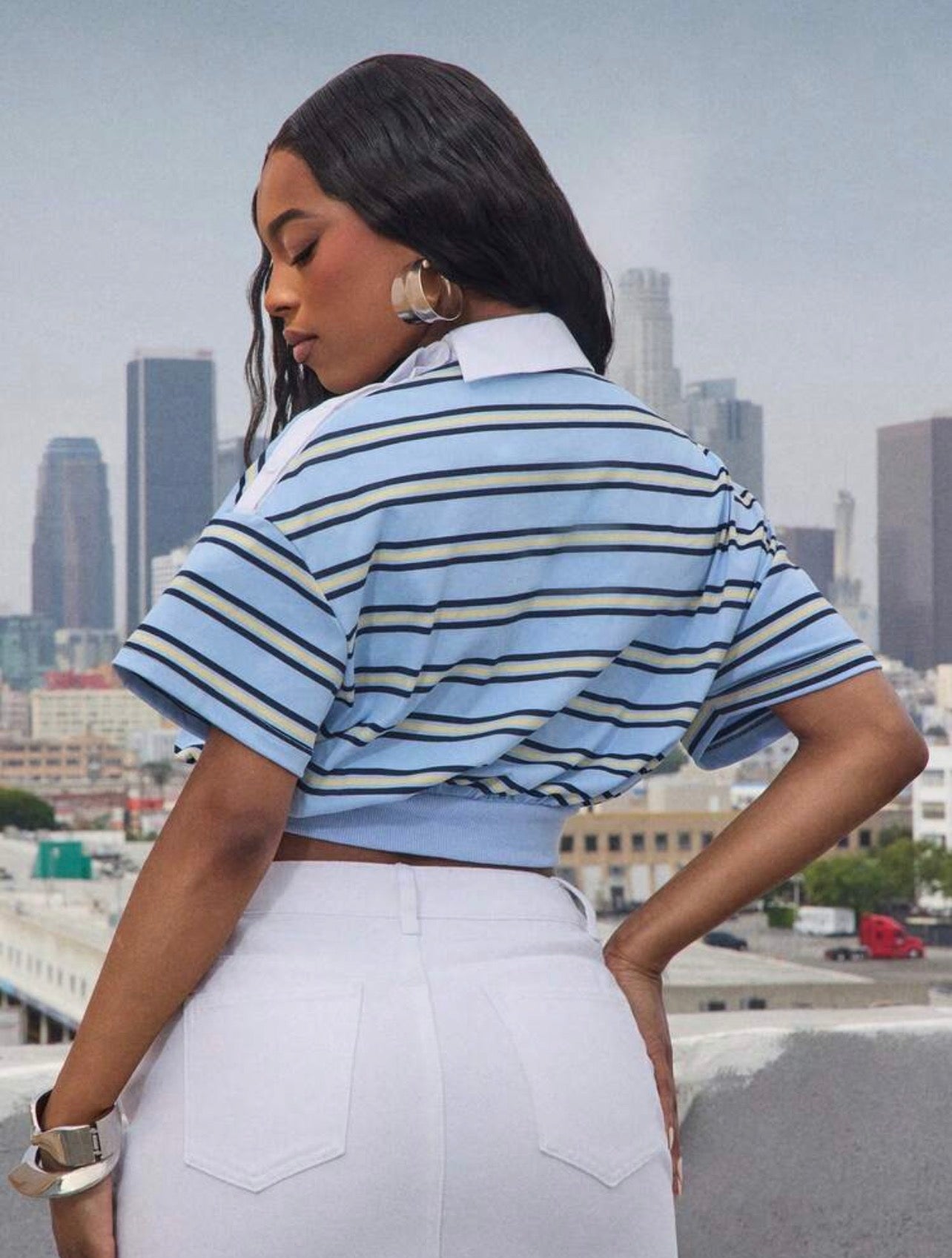 Women’s Asymmetrical Collar Striped Cropped Polo Top – Streetwear Fashion Shirt