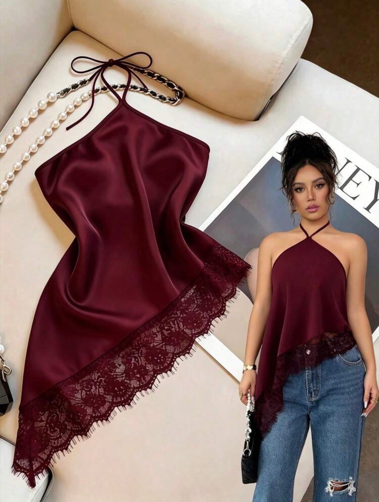 Women’s Halter Neck Lace Trim Backless Camisole Top with Asymmetric Hem