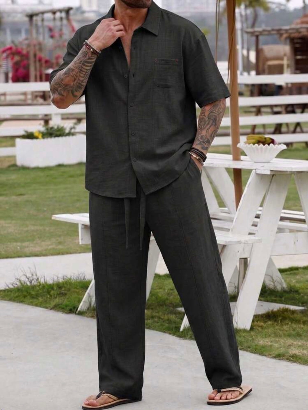 Men’s Linen-Like Vacation Two-Piece Set – Loose Fit Shirt & Long Pants Beach Outfit