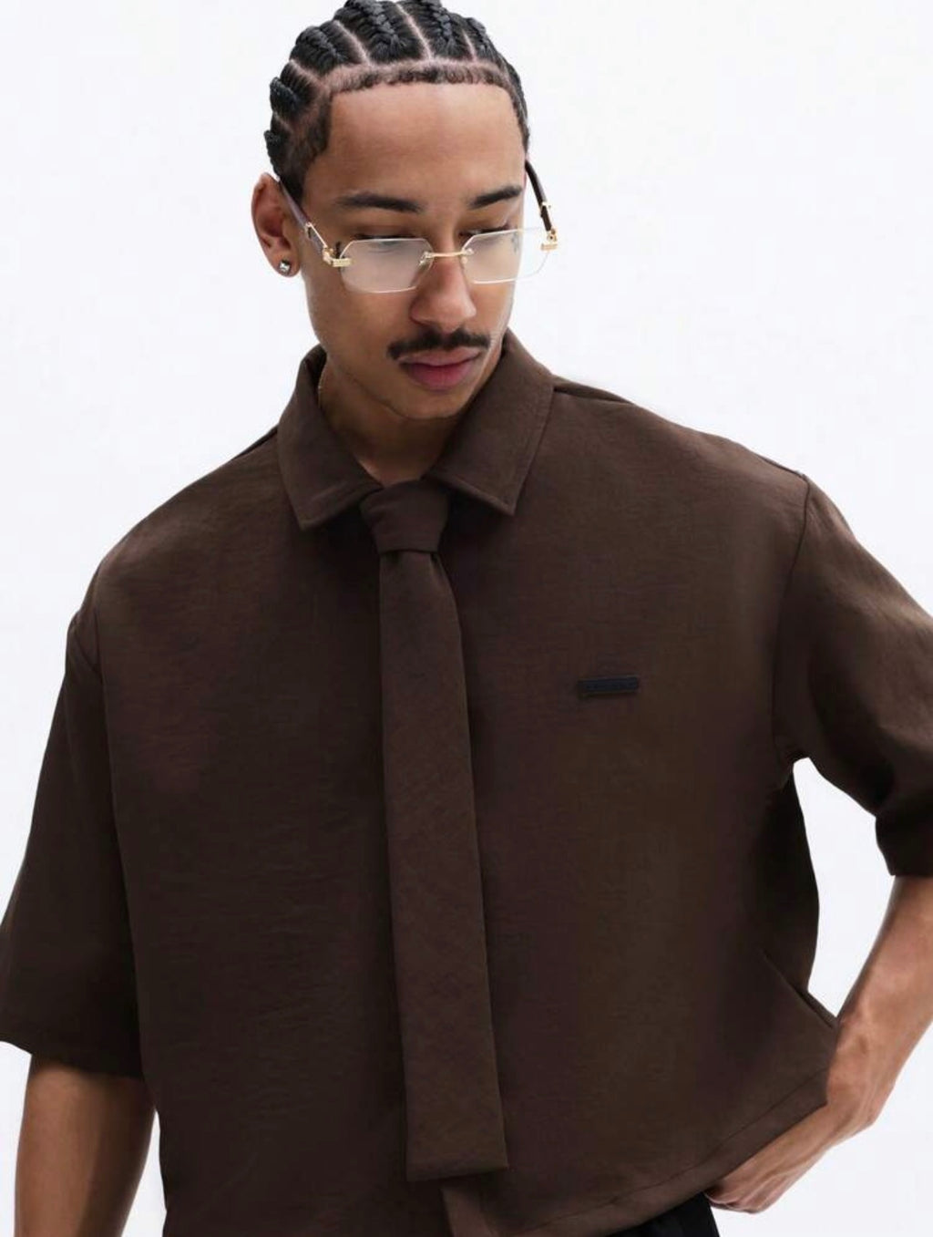 Men’s Cropped Button-Down Short Sleeve Shirt with Tie Detail – Casual Business Top