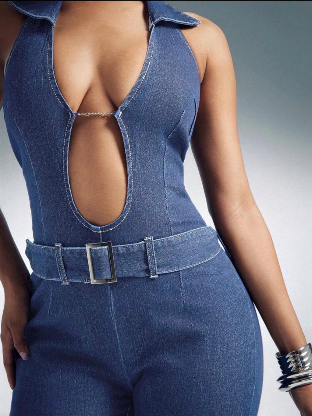 Stretch Denim Halter Cut-Out Plunge Neck Romper for Women