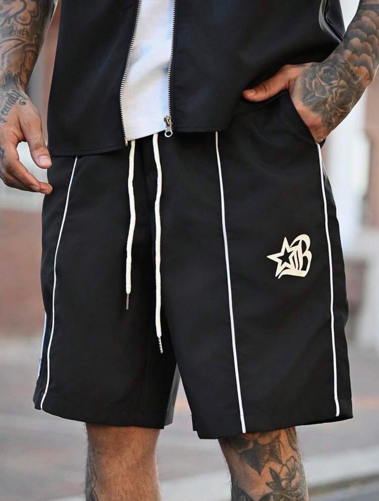 Men’s Star Print Zipper Shirt & Shorts Three-Piece Streetwear Set