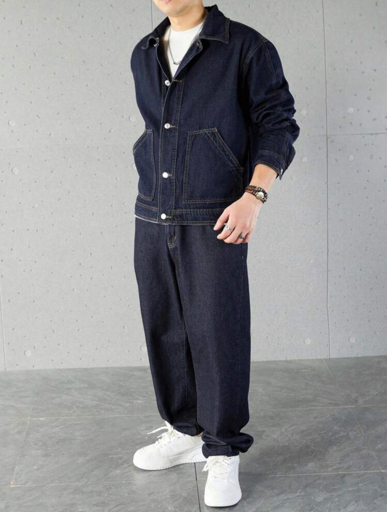Men’s Solid Color Denim Two-Piece Set – Long Sleeve Top & Pants Casual Outfit