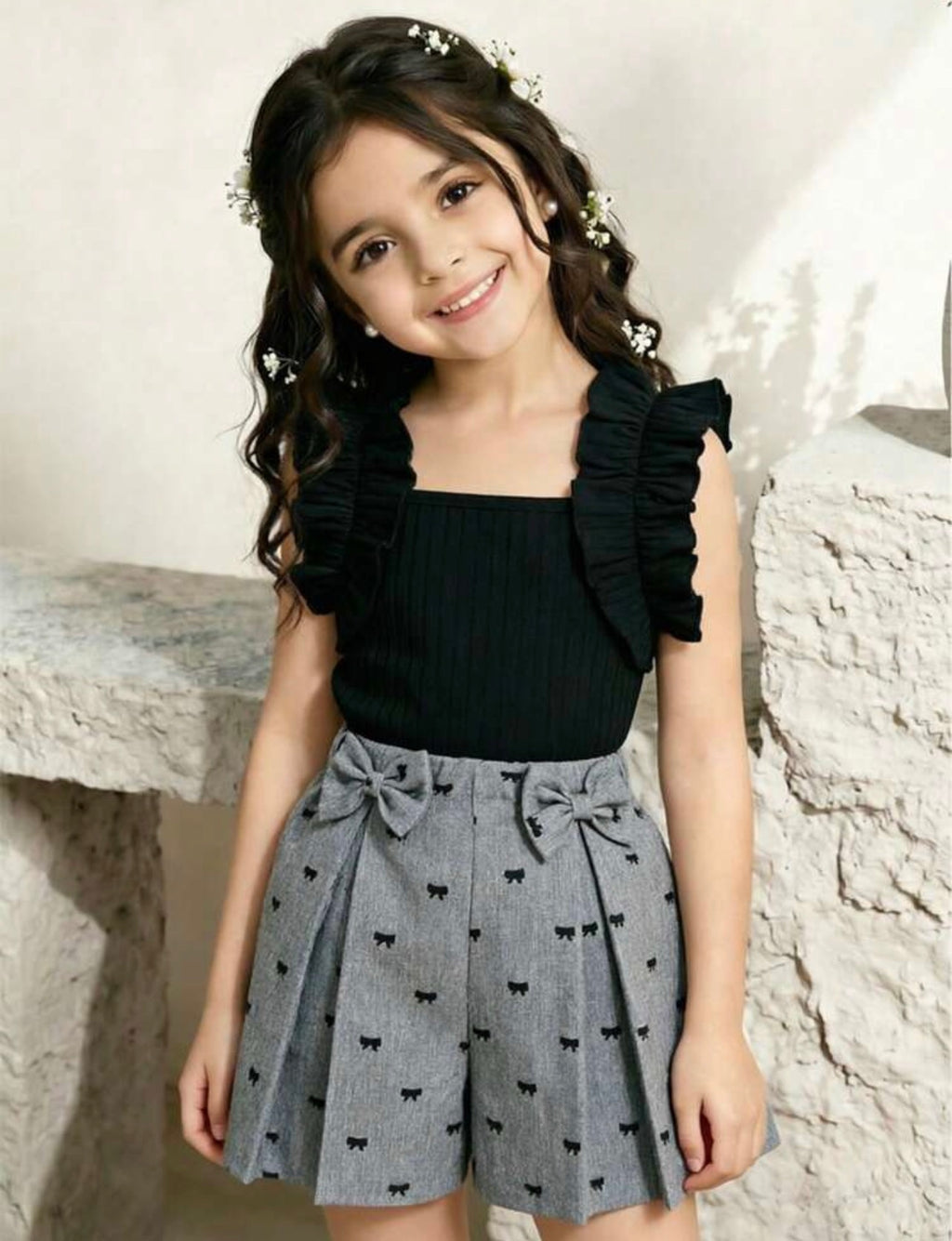 Girls Ribbed Ruffle Cami Top & Bow Print Shorts 2-Piece Outfit Set