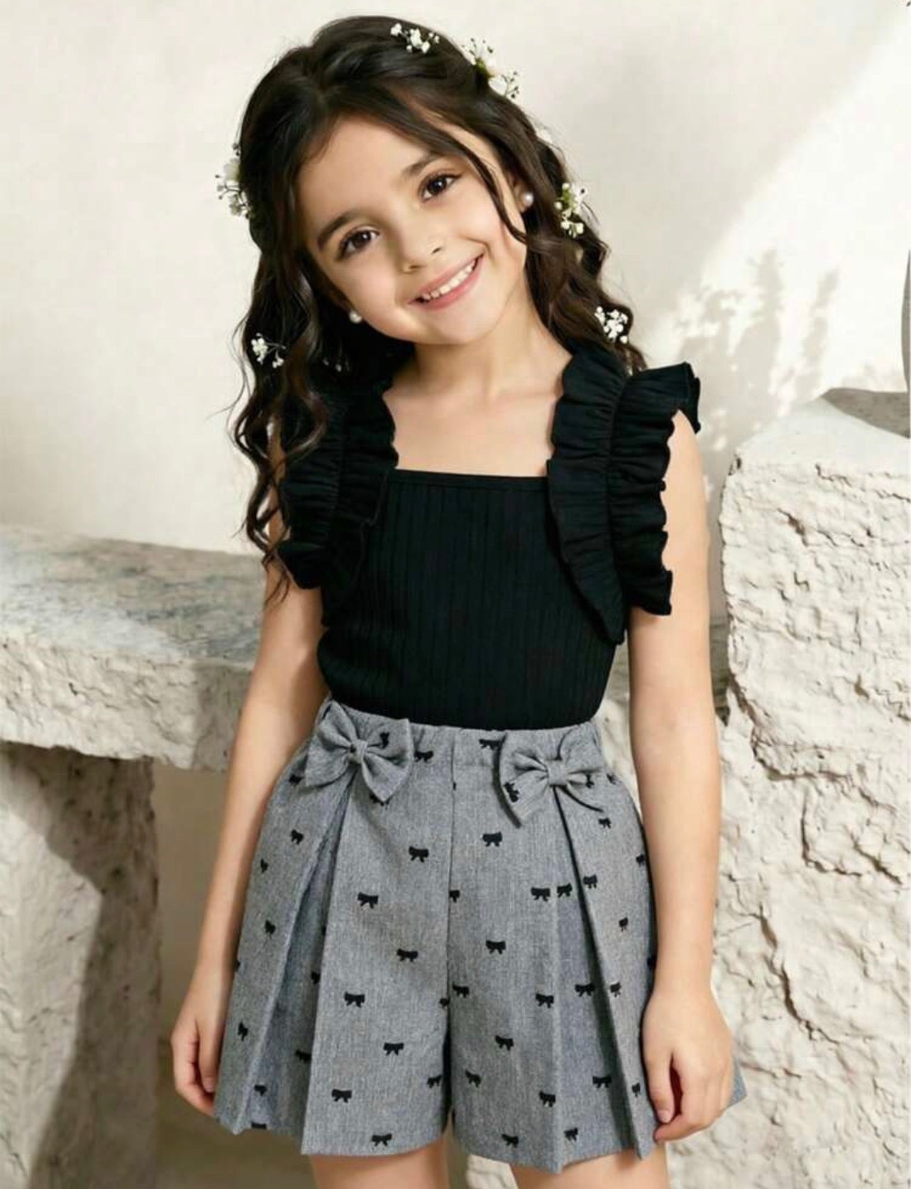 Girls Ribbed Ruffle Cami Top & Bow Print Shorts 2-Piece Outfit Set