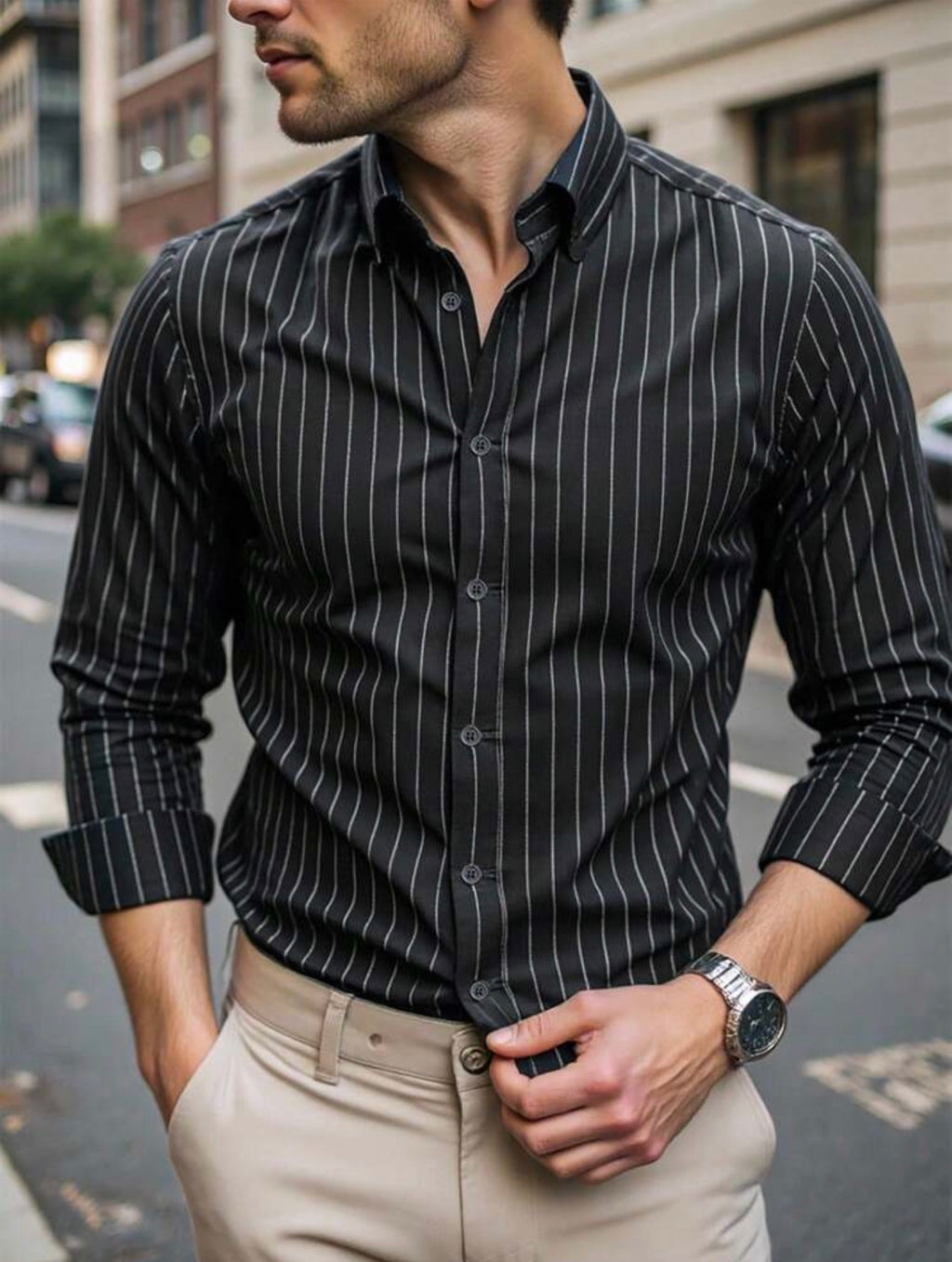 Men’s Striped Long Sleeve Formal Shirt – Casual Business Top
