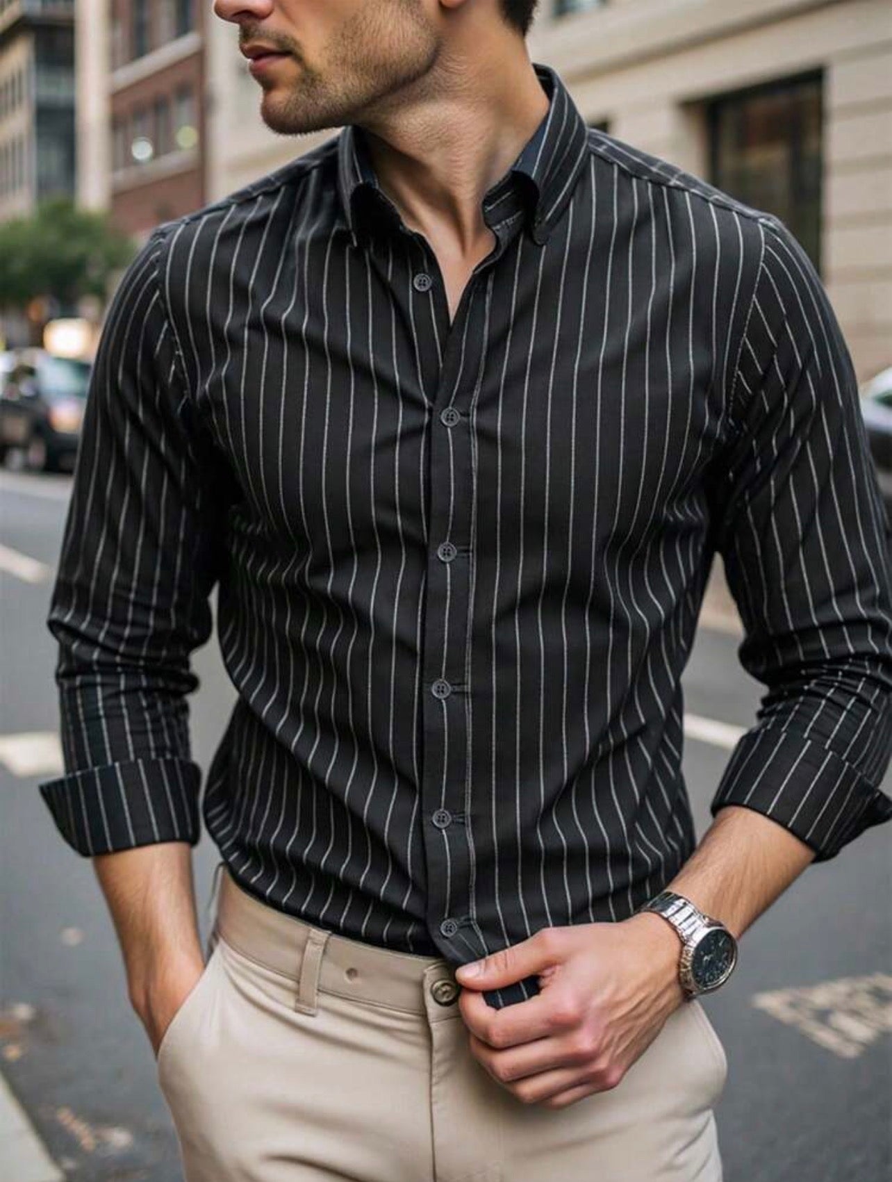 Men’s Striped Long Sleeve Formal Shirt – Casual Business Top