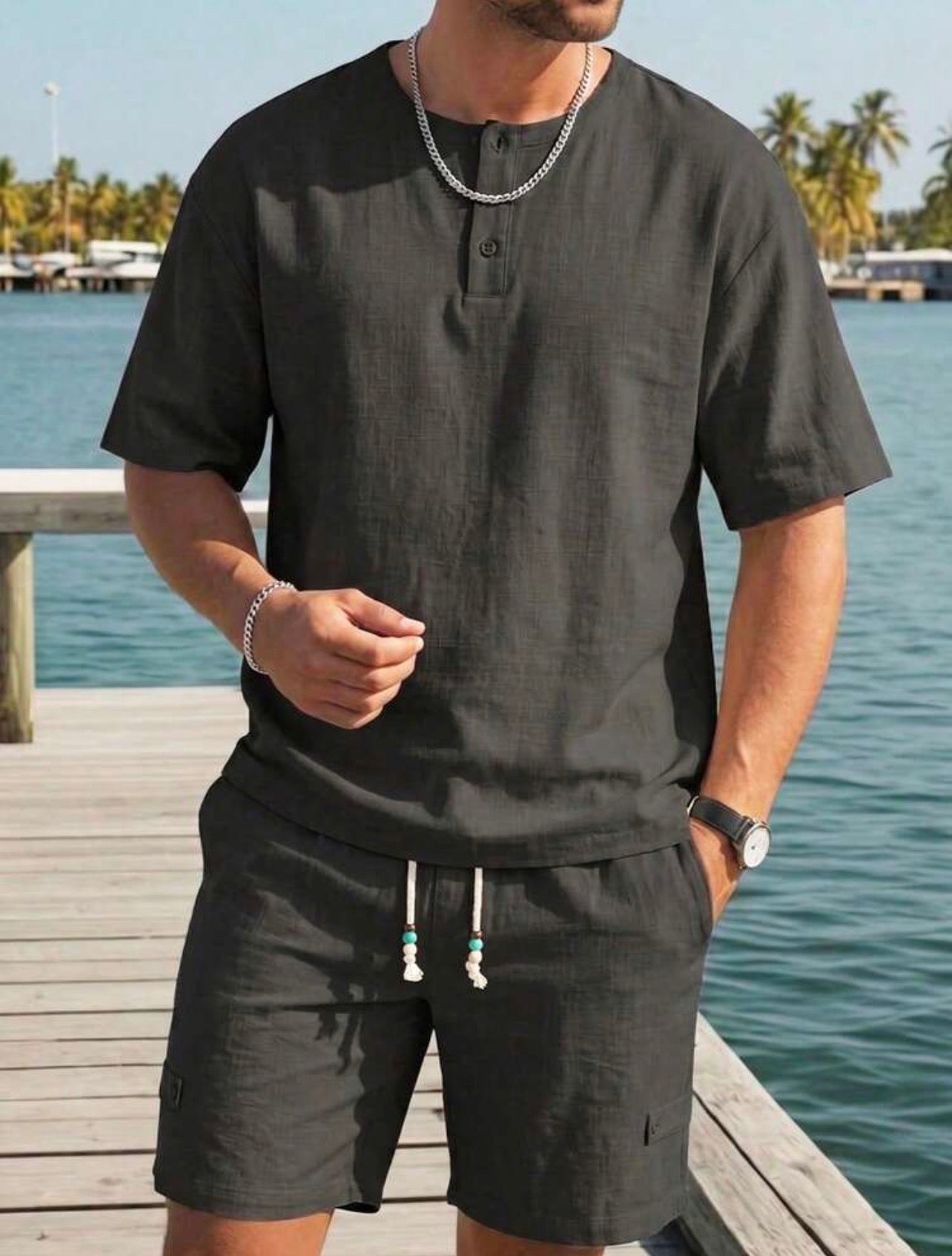 Men’s Linen-Look Henley Neck Polo Shirt & Shorts Two-Piece Set – Casual Summer Outfit