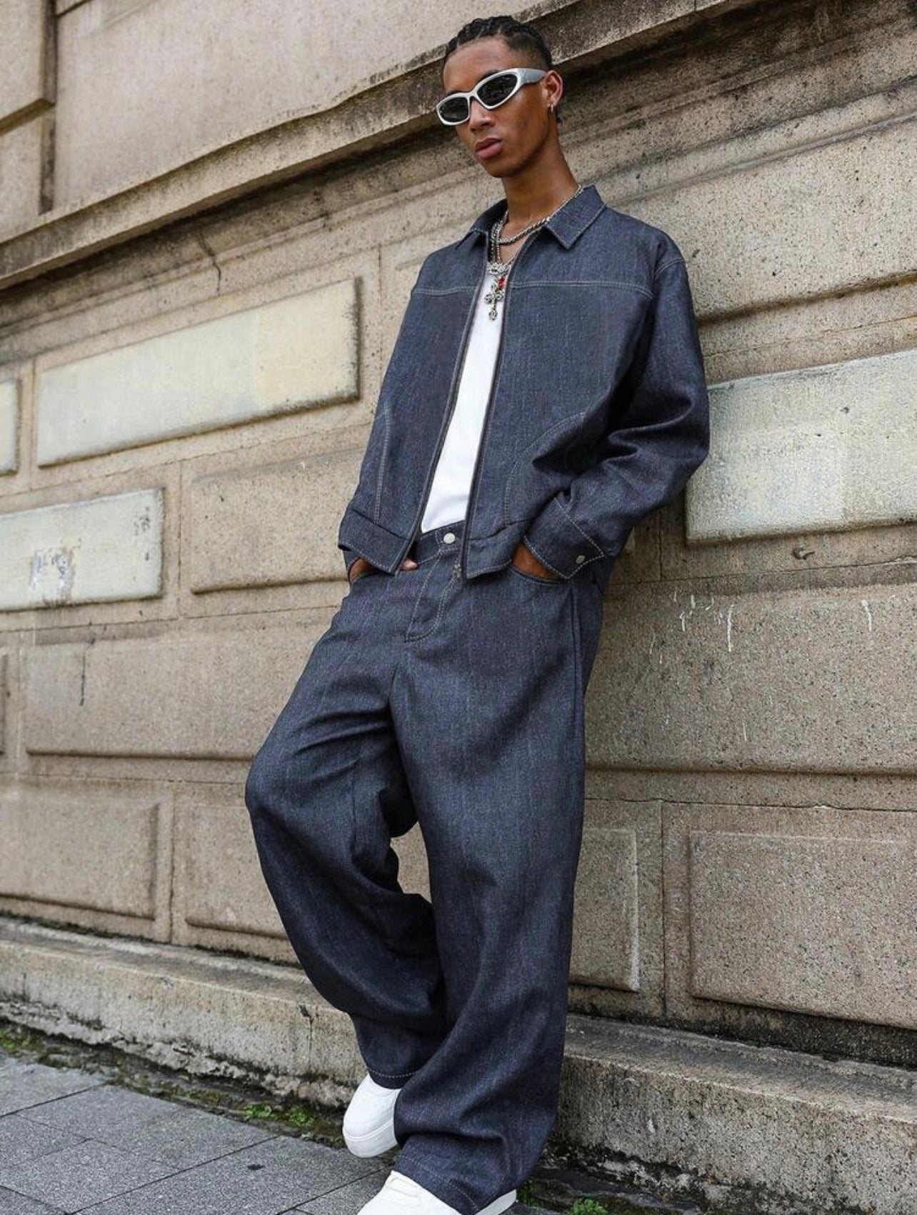 Men’s Denim Collar Long Sleeve Shirt & Pants Two-Piece Streetwear Set