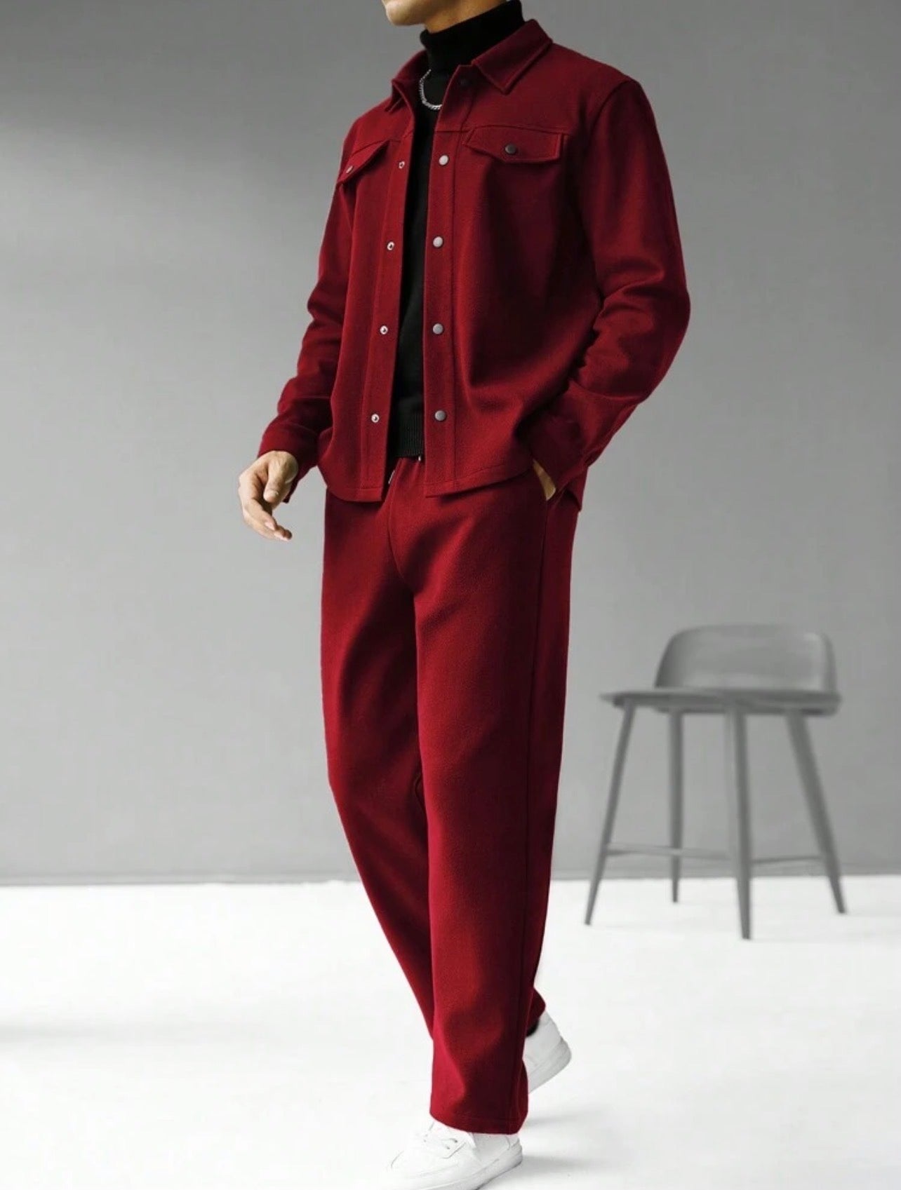 Men’s Solid Color Single-Breasted Jacket & Pants Two-Piece Set – Casual Fall Outfit