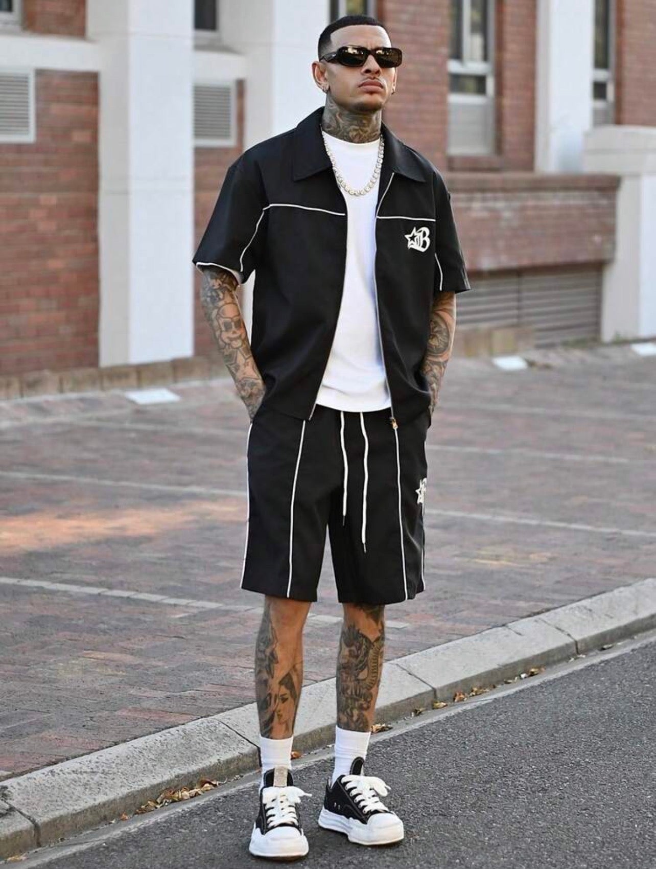 Men’s Star Print Zipper Shirt & Shorts Three-Piece Streetwear Set