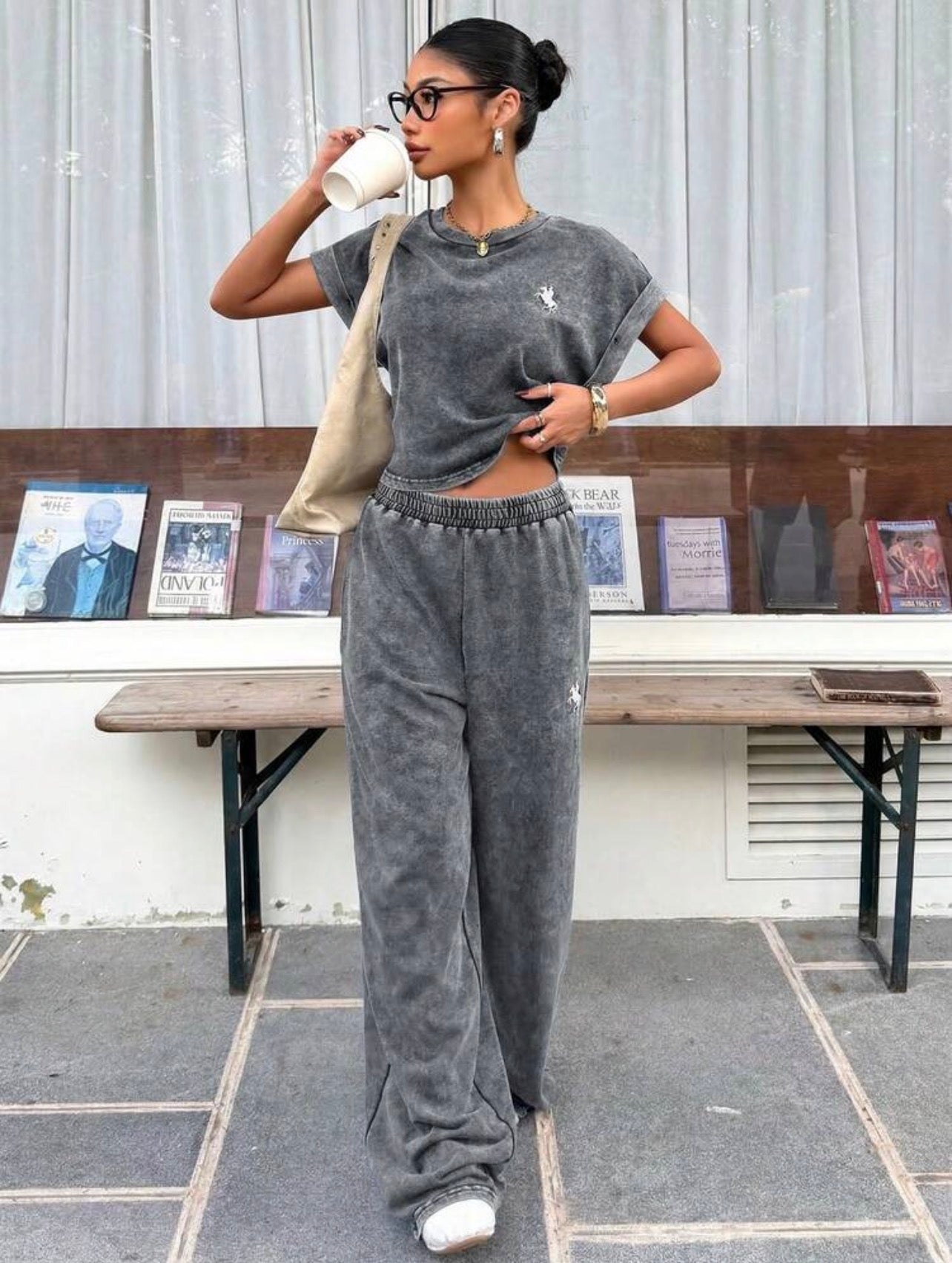 Women’s Vintage Washed Embroidered Loose T-Shirt & Wide Leg Pants Two-Piece Set